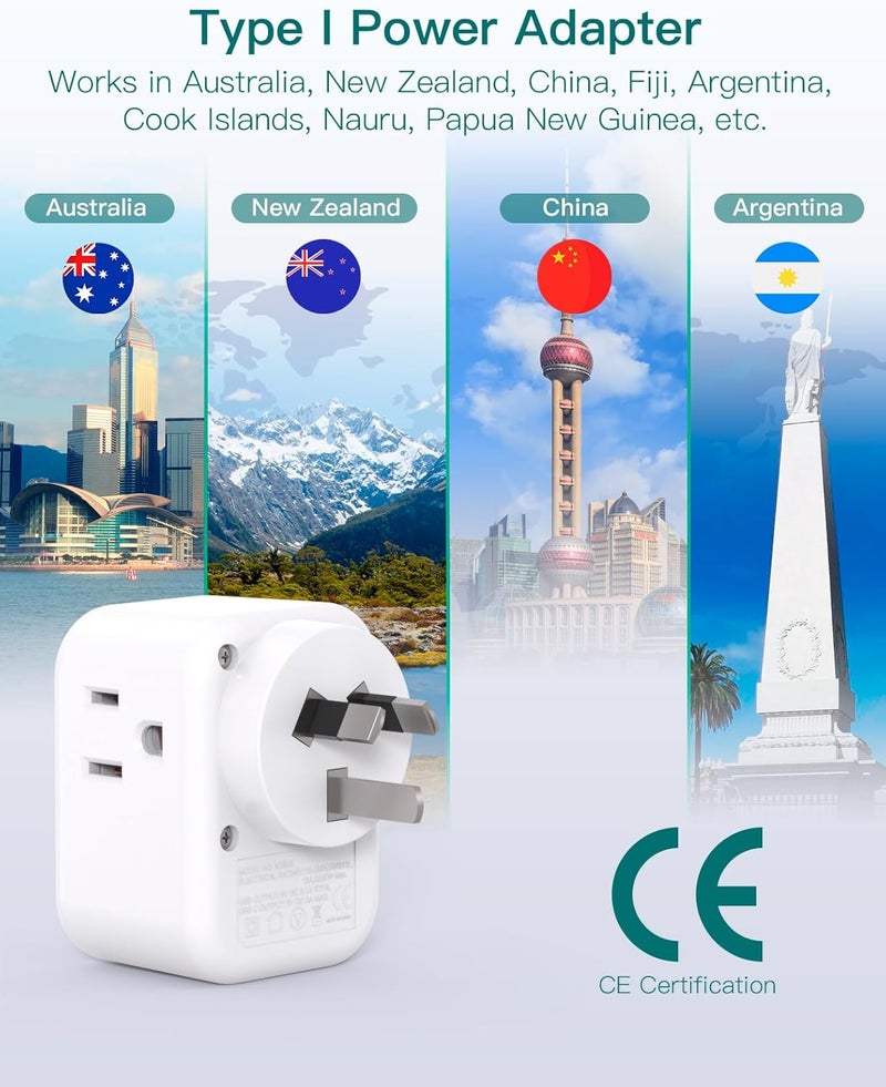 Addtam محول الطاقة الأسترالي النيوزيلندي، محول السفر الأسترالي مع 3 مآخذ أمريكية و 3 منافذ شحن USB (1 USB C)، محول نوع I من الولايات المتحدة إلى أستراليا، الأرجنتين، الصين - Image 3